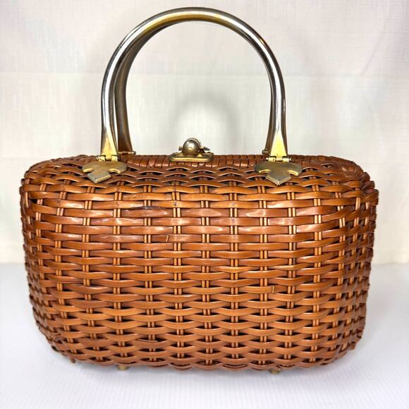 Macy's Handbags - VINTAGE Basket Purse by Macy's Woven Metal MCM Vinyl HandMade in Honk Kong